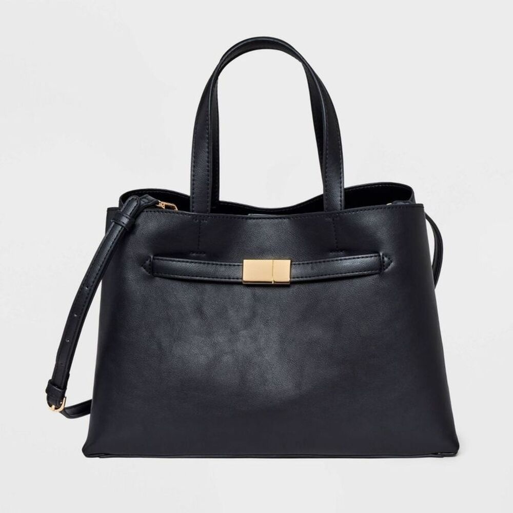 Belted Satchel Handbag - Black Magnetic Closure Double Handle